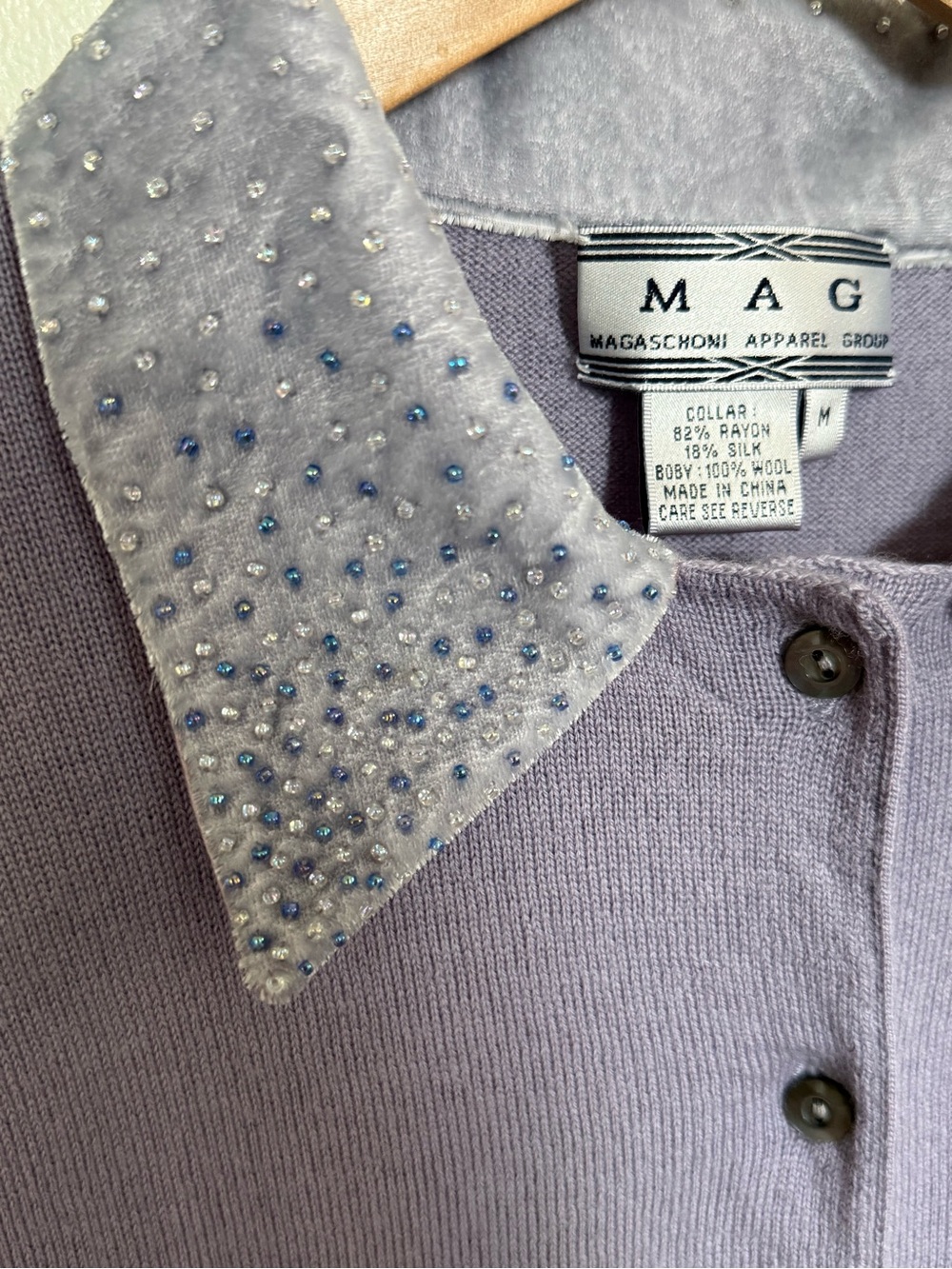 Magaschoni Lavender Wool Cardigan Beaded rayon silk  Collar Vintage Y2K - Picture 6 of 17
